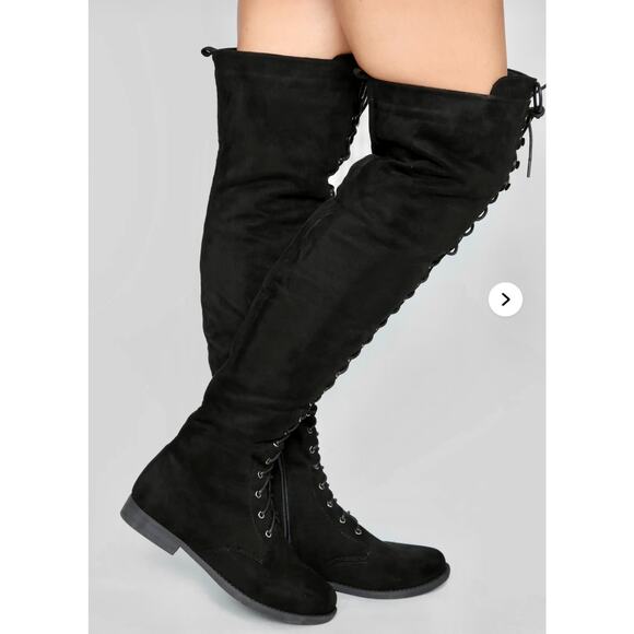 Tall Talk Flat Lace Up Over the Knee Boot - Black 10 - Picture 1 of 16